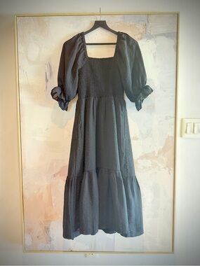 Madewell Black Puff-Sleeve Smocked Tiered Midi Dress